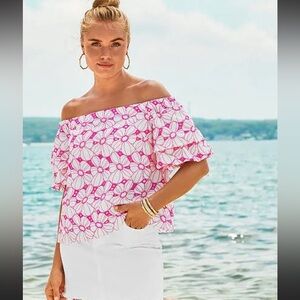 Lilly Pulitzer Lesley Off Shoulder Blouse Razberry Botanical Eyelet Chiffon XXS